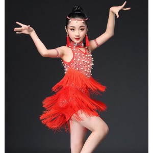  Latin dresses for kids children girls blue white black red stage performance competition fringes beads dance outfits