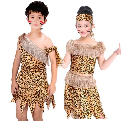 Leopard dancing dress wild man cosplay for girls Boys latino american dance costume kids costumes hip hop child stage outfits African tribal hunter dresses