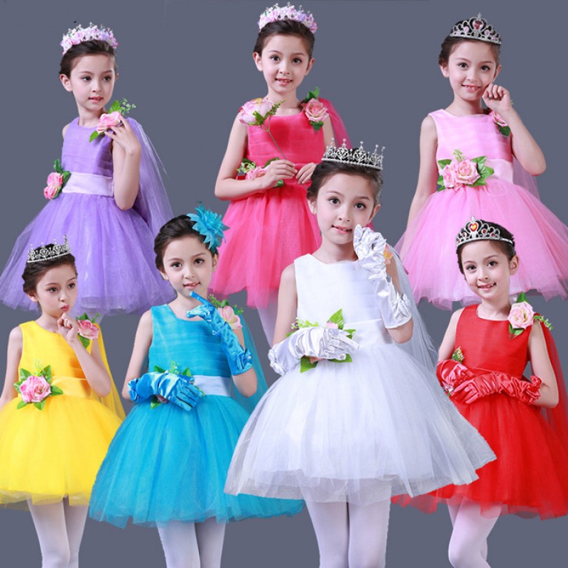 Light pink fuchsia red violet red white girls kids children princess party jazz singers ballet dance dresses