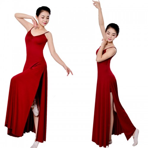 Long length modern dance ballet dress women's wine red black female competition stage performance ballet dance dresses