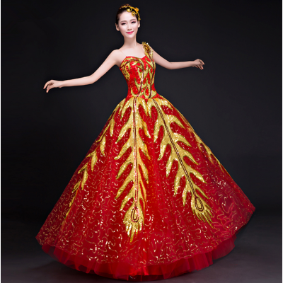 Long red gold sequined  Ballroom Dancing Adults  Flamenco Dress Women Spanish Vestido de danza española