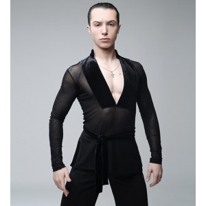 Male Latin Dance Shirts Deep V-Neck Collar Ballroom Black Dance Tops Sexy Men Latino Gauze Clothing For Latin Dance Clothes