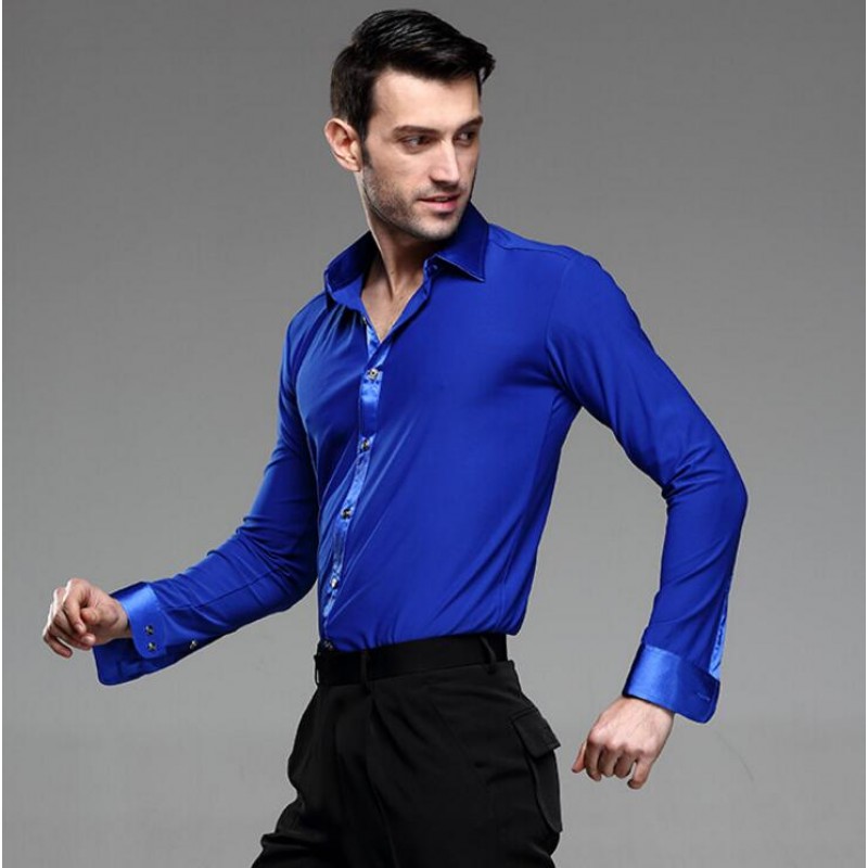 Men's Latin Salsa Blue Ballroom Tango Modern Jazz Dress Shirt Tops Dance Shirts 