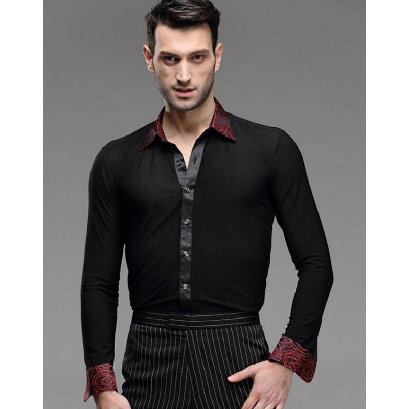 Men V-neck Long Sleeve Ballroom Latin Tango Rumba Dance Dress Shirt Top Slim Fit 