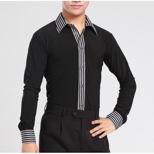 Men's ballroom dance shirts striped patchwork long sleeves male competition stage performance ballroom tango latin dance shirts tops