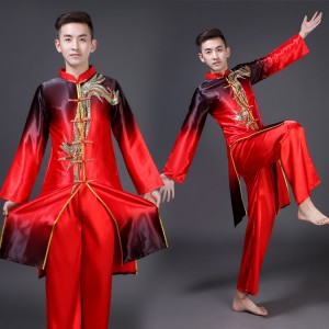 Men's chinese folk dance costumes red gradient china style ancient traditional minority ethic yangko drummer dancing top and pants