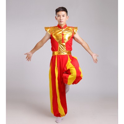 Men's Chinese folk dance  drummer performance costumes red yellow dragon performance yangko dancing costumes