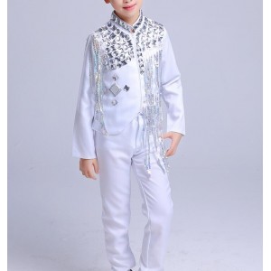 Modern dance outfits for boy white color drummer hiphop jazz singers drummer show competition dance costumes jacket and pants