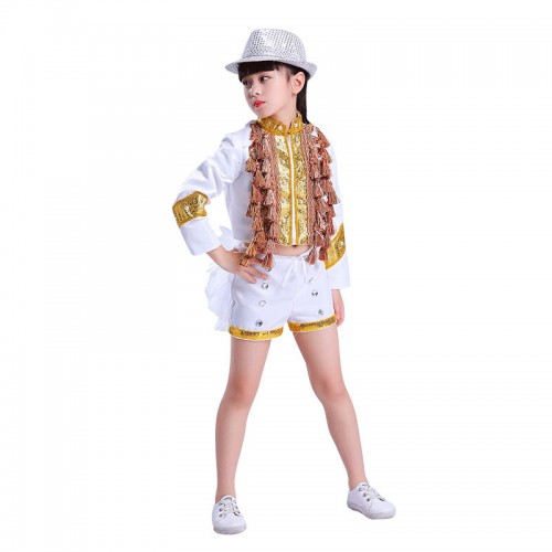 Modern dance outfits for girls kid children white hiphop cheer leaders street dance competition singers tuxedo tops and shorts