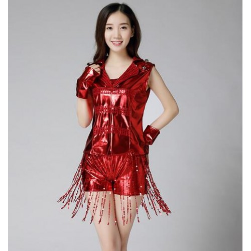 Modern dance outfits for women girls red pink blue silver sequined jazz singers team dancers hiphop cheerleader performance costumes outfits