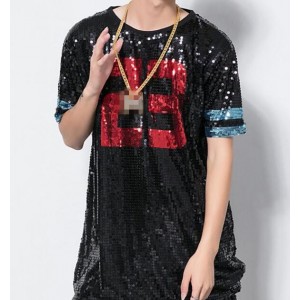 Modern dance Sequined short sleeves hiphop tops men's male competition stage performance jazz singers dancers dancing tops t shirts