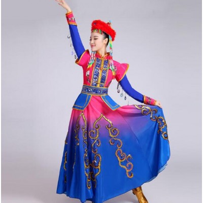 Mongolian Royal blue pink Costume Stage Performance Clothing Dance Skirt Gown Mongolian Dance Costume Minority Folk Dance Clothing Apparel