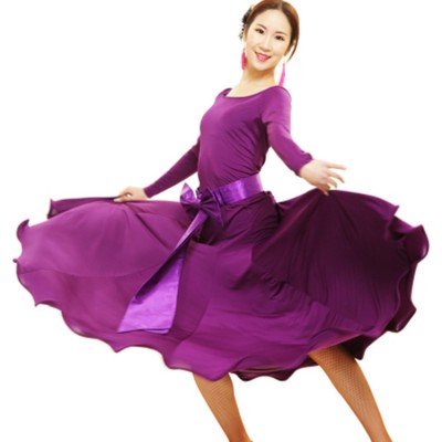 Navy purple violet black fuchsia with big bowknot competition performance women's ballroom dancing dresses outfits
