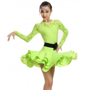 Neon green Children Ballet Dance Dress For Girls Cha-Cha Kid Competition Latin Dress Dancing Kids Girl Class Dancewear Kid Latin Costume