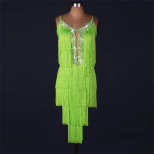 Neon green rhinestones handmade layers tassels competition professional performance latin cha cha dance dresses