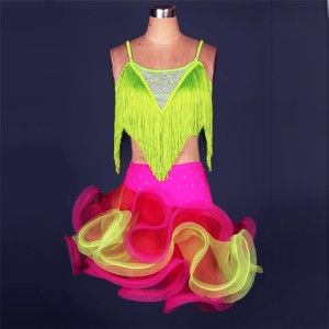 Neon turquoise fuchsia rainbow colored fashion sexy diamond handmade competition women female latin salsa dance dresses