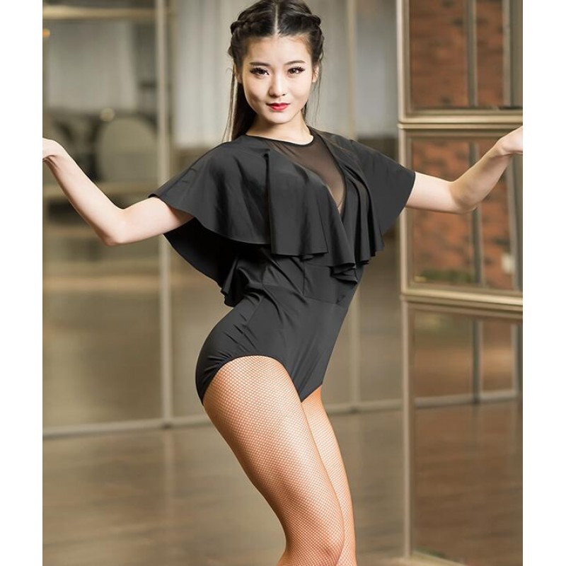 New Black gauze batwing sleeves sexy Latin Dance Leotard top for women/female Ballroom Costume Practice Bodysuits