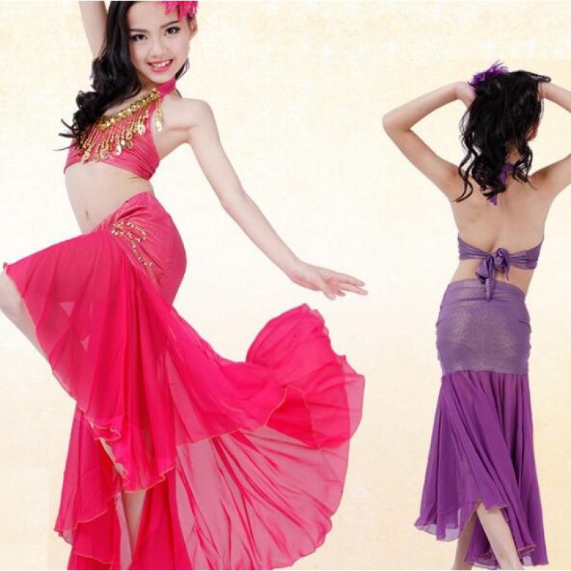 new children fishtail belly dance set good quality purple/yellow/red Girls Indian/Egypt dance costume for performance dresses