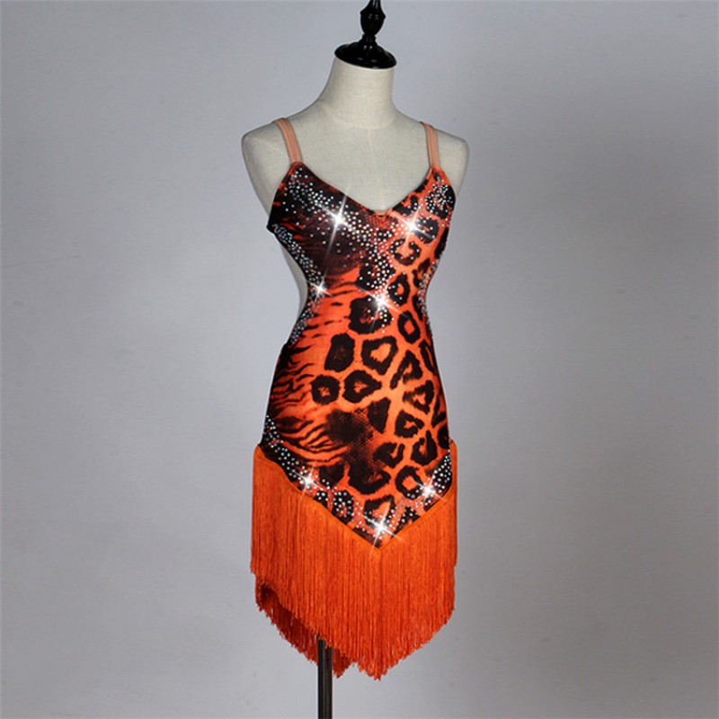 Orange leopard printed backless fringes stones girls women's adult competition performance salsa cha cha latin dance dresses
