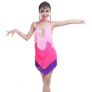 Pink fuchsia purple  girls performance Latin Dance Skirt For Children Tassel Sumba Latin Competition Dancing Dresses  Girls Latin Fringe Skirt