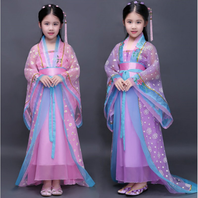 Pink purple kids traditional chinese dance costumes children girls sleeve fan hanfu dress child clothing ancient chinese dance costume