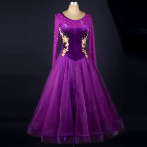 Purple black long sleeves see through back competition performance ballroom tango waltz dance dresses
