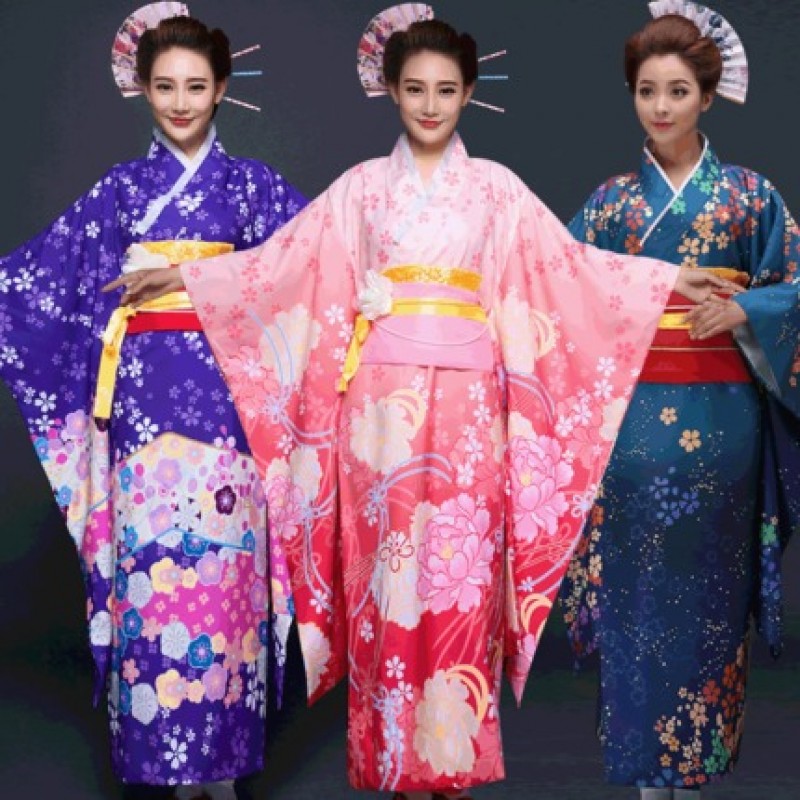Purple blue pink Party Cosplay Cotume Japanese Kimono Women Yukata Traditional Japanese Kimonos Female Bathrobe Japanese Ancient Clothes