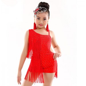 Purple red Children Dance Dress One Piece Girls Latin Dresses Beads Fringe Ballroom Latin Dress for Kids