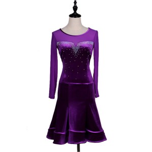 Purple velvet tulle patchwork long sleeves fashion diamond competition women's girl's female ballroom latin salsa cha cha dance dresses