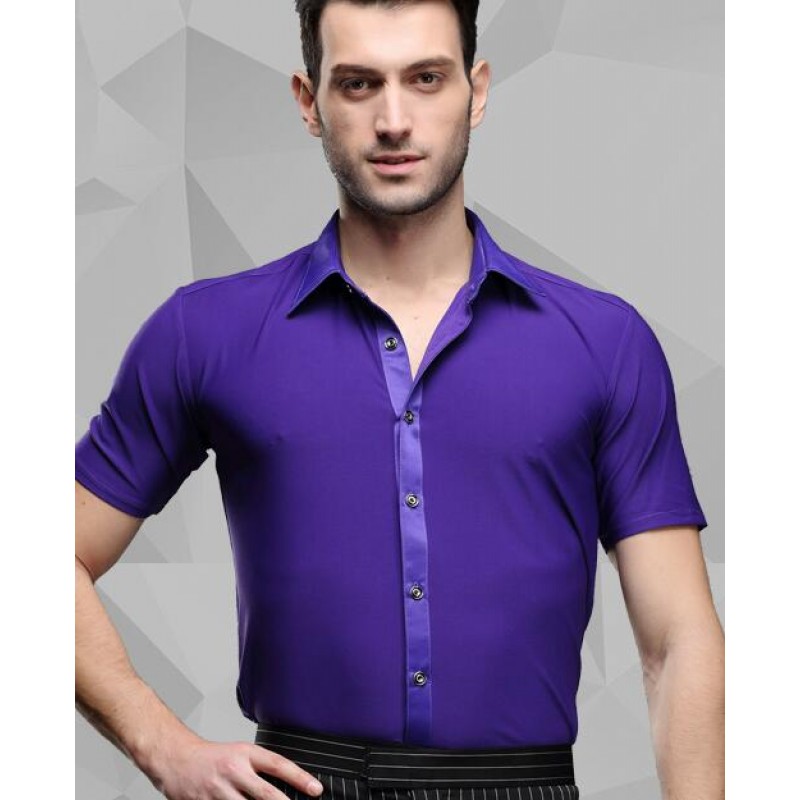 Purple violet short sleeves down collar men's male competition latin ballroom dance tops shirts