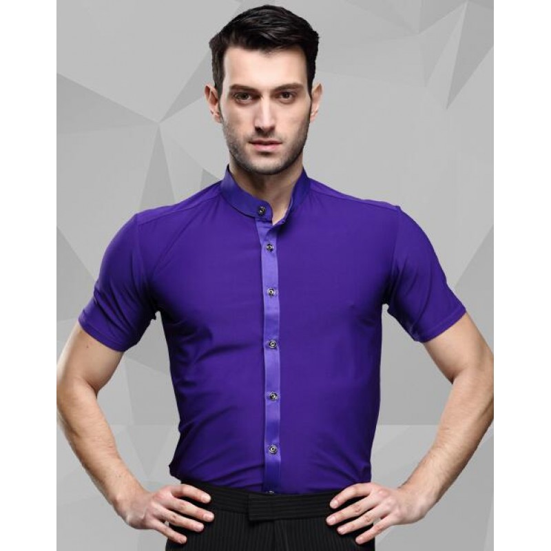 Purple violet stand collar short sleeves men's male competition performance ballroom tango waltz latin dance shirts tops