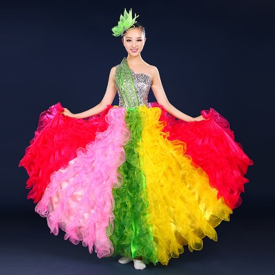 Rainbow colorful dance costume wear Spanish bull dance dress expansion skirt costume stage costumes