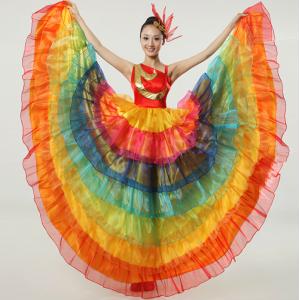 Rainbow colorful dance costume wear Spanish flamenco bull dance dress expansion skirt 