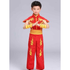 Red boy's dragon drummer performance costumes kids children stage performance competition martial arts dancing robes