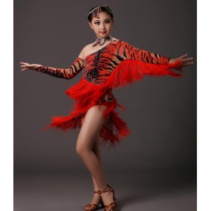 Red brown tiger printed fringes rhinestones girls kids children competition latin dance dresses