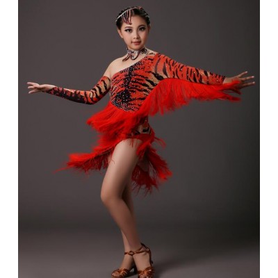 Red brown tiger printed fringes rhinestones girls kids children competition latin dance dresses