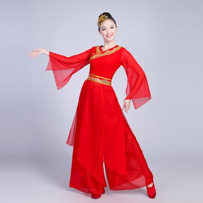 Red Chinese folk dance costumes women's female competition stage performance ancient yangko fan dancing dresses costumes