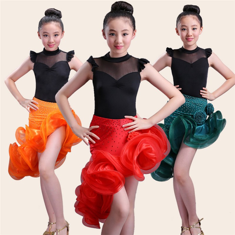 Red dark green orange rhinestones black patchwork girls kids  children competition latin dance dresses