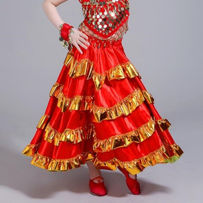  Red Flamenco Spanish folk dance bull dance skirts for girls children kids stage performance competition ballroom skirt