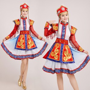 Red gold Mongolian Dance Costumes Female Performance cosplay Wear Paillette Skirt Robe Women Nation Dancing Clothes with Hat