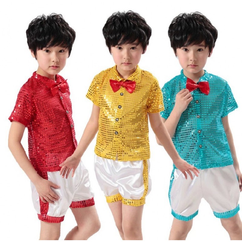 Red gold turquoise Children Paillette Modern Sequin Boys Dance Costume Jazz Dance Costume Groups chorus clothing Boys Hosted Suits