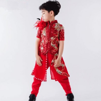 Red jazz dance boy's kids children competition stage performance hiphop magician drummer dancers model show competition costumes