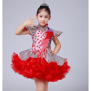 Red peacock sequined paillette fashion modern flower girls dance singers dancers t show evening party performance dresses costumes