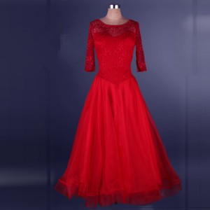 Red purple lace backless short sleeves competition performance professional ballroom tango waltz dance dresses