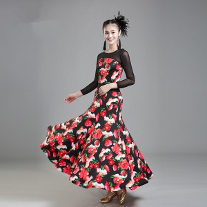 Red rose flowers printed long sleeves sexy fashion women's female flamenco ballroom tango waltz dancing long dresses