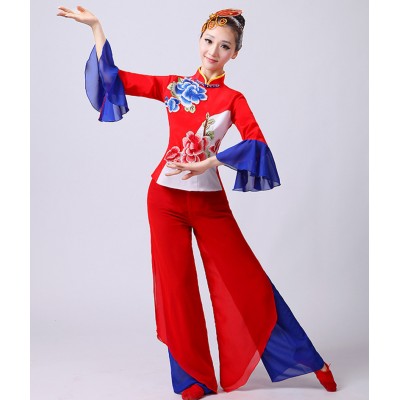Red royal blue Female Chinese Yangko Dance Costume Folk Dance Costume Square dance Top and Pants