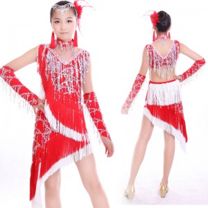 Red royal blue turquoise sequined fringes latin dresses girl's kids children competition stage performance salsa chacha rumba dance dresses