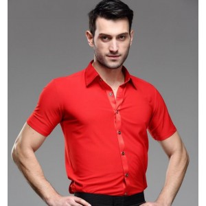 Red short sleeves down collar men's male competition performance ballroom latin dance shirts tops