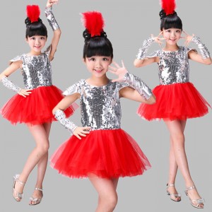 Red silver children Jazz Dance Costumes Dance Dress Girls Princess Skirt Tutu Sequin Dress Jazz Dance Stage Performance Dance Wear
