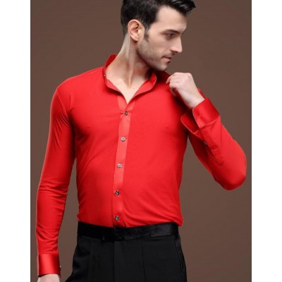 Red stand collar long sleeves men's male competition performance ballroom tango latin waltz dance shirts